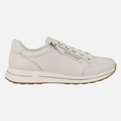 Zapatos deportivos en piel beige con cordones y cremallera