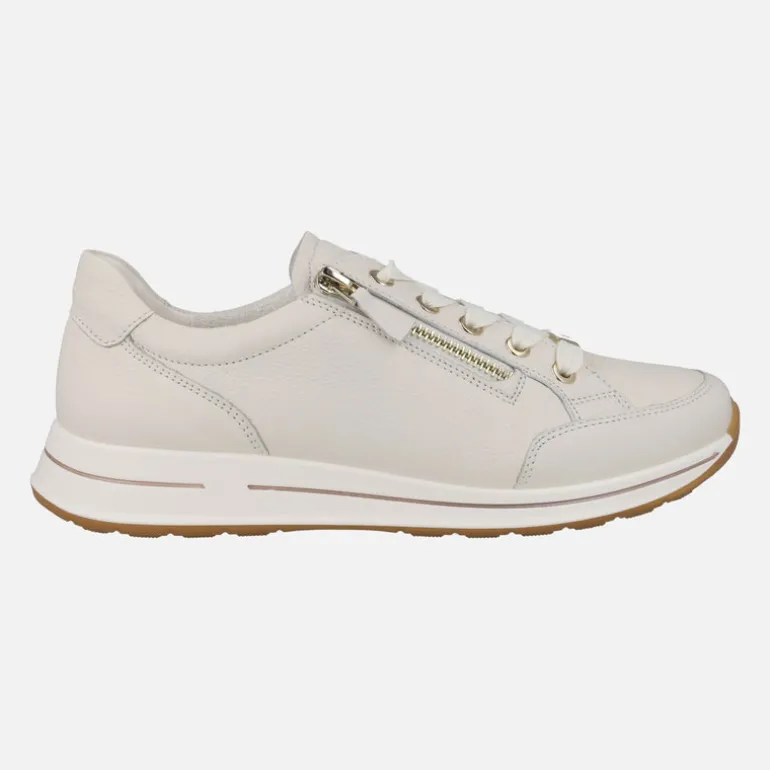 Zapatos deportivos en piel beige con cordones y cremallera
