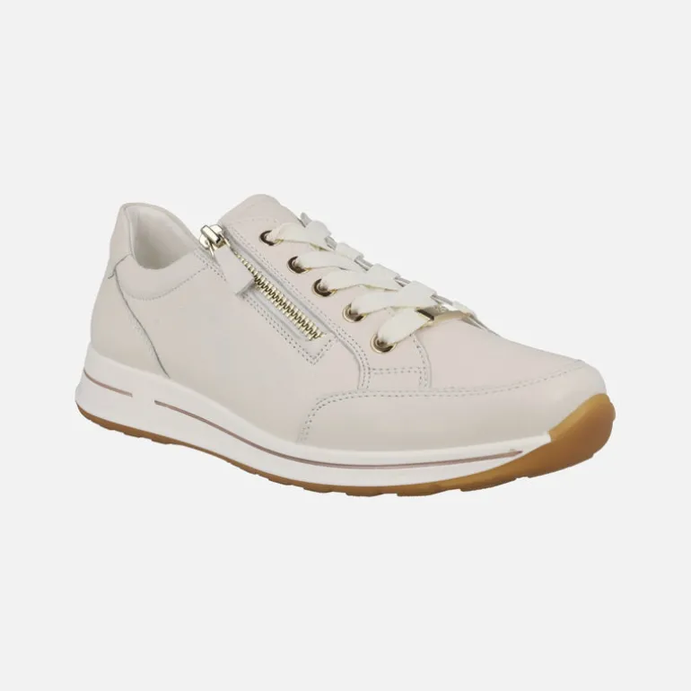 Zapatos deportivos en piel beige con cordones y cremallera