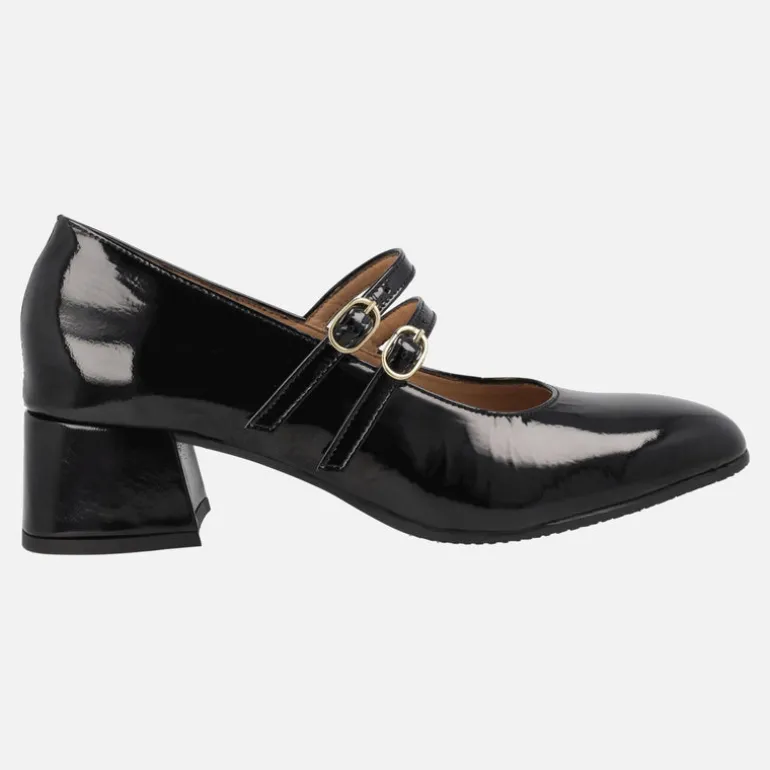 Zapatos mary jane en charol negro con dos pulseras y tacón medio