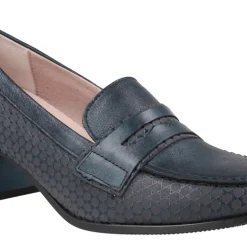 Zapatos mocasines en piel azul marino con antifaz y tacón