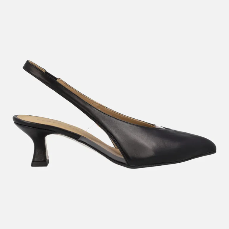 ZAPATOS NEGROS CORTE SALÓN DESTALONADOS EN PIEL COMBINADA CON VINILO