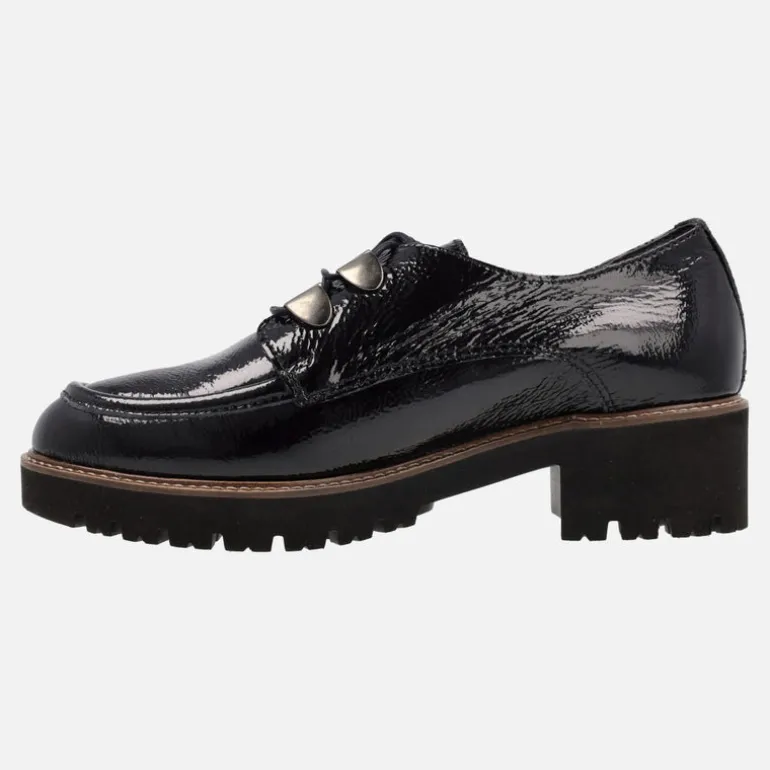 Zapatos negros de charol para mujer con cordones y piso track