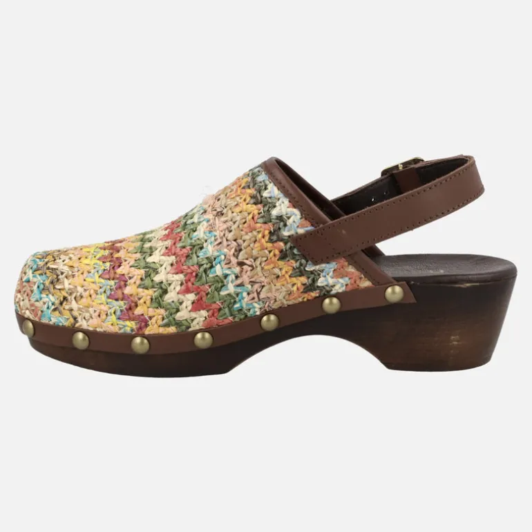 Zuecos con tira al talón en tejido rafia multicolor