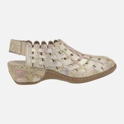 Zuecos confort en piel beige con estampado multicolor