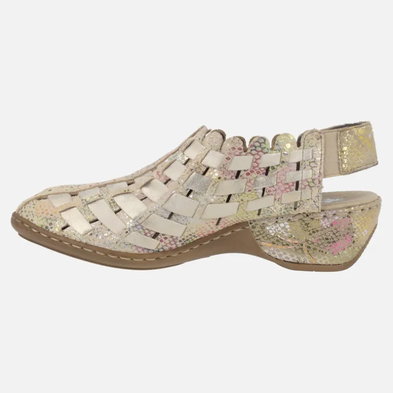 Zuecos confort en piel beige con estampado multicolor