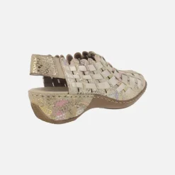 Zuecos confort en piel beige con estampado multicolor