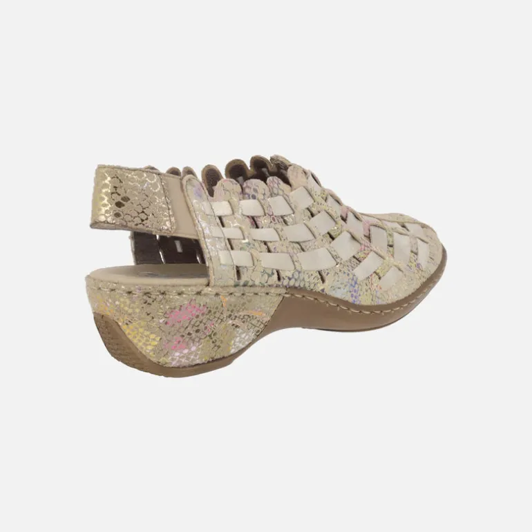 Zuecos confort en piel beige con estampado multicolor