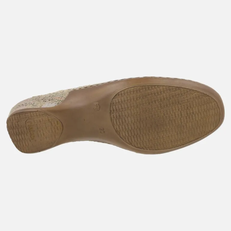 Zuecos confort en piel beige con estampado multicolor