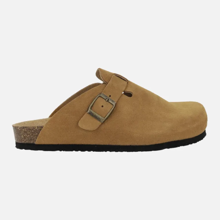 Zuecos de piel serraje con hebilla para mujer modelo Uma