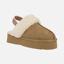 Zuecos de serraje color camel con ribete de pelo y plataforma