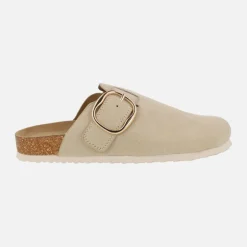 Zuecos Linit en tejido beige con hebilla dorada ajustable