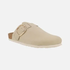 Zuecos Linit en tejido beige con hebilla dorada ajustable
