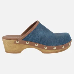 Zuecos Madelin en combinado de tejido denim y piel cuero