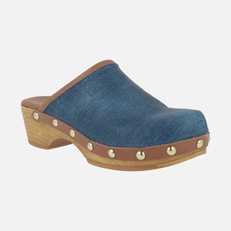 Zuecos Madelin en combinado de tejido denim y piel cuero