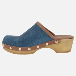 Zuecos Madelin en combinado de tejido denim y piel cuero