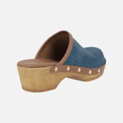 Zuecos Madelin en combinado de tejido denim y piel cuero