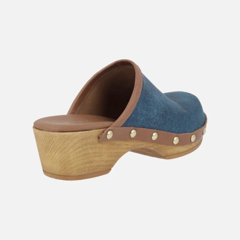 Zuecos Madelin en combinado de tejido denim y piel cuero